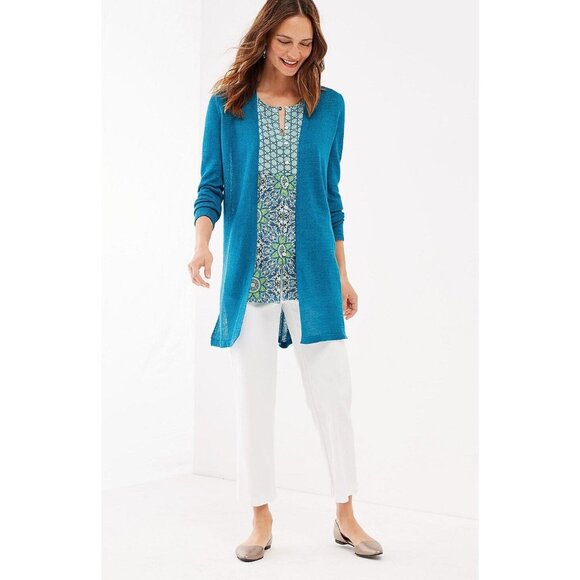 J. Jill Womens Linen Blend Open Front Long Cardigan in Oceanside Size S Summer - Picture 1 of 10